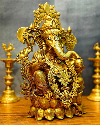 Brass Superfine Lord Ganesha Idol with Lotus – 23.5 Inches Tall