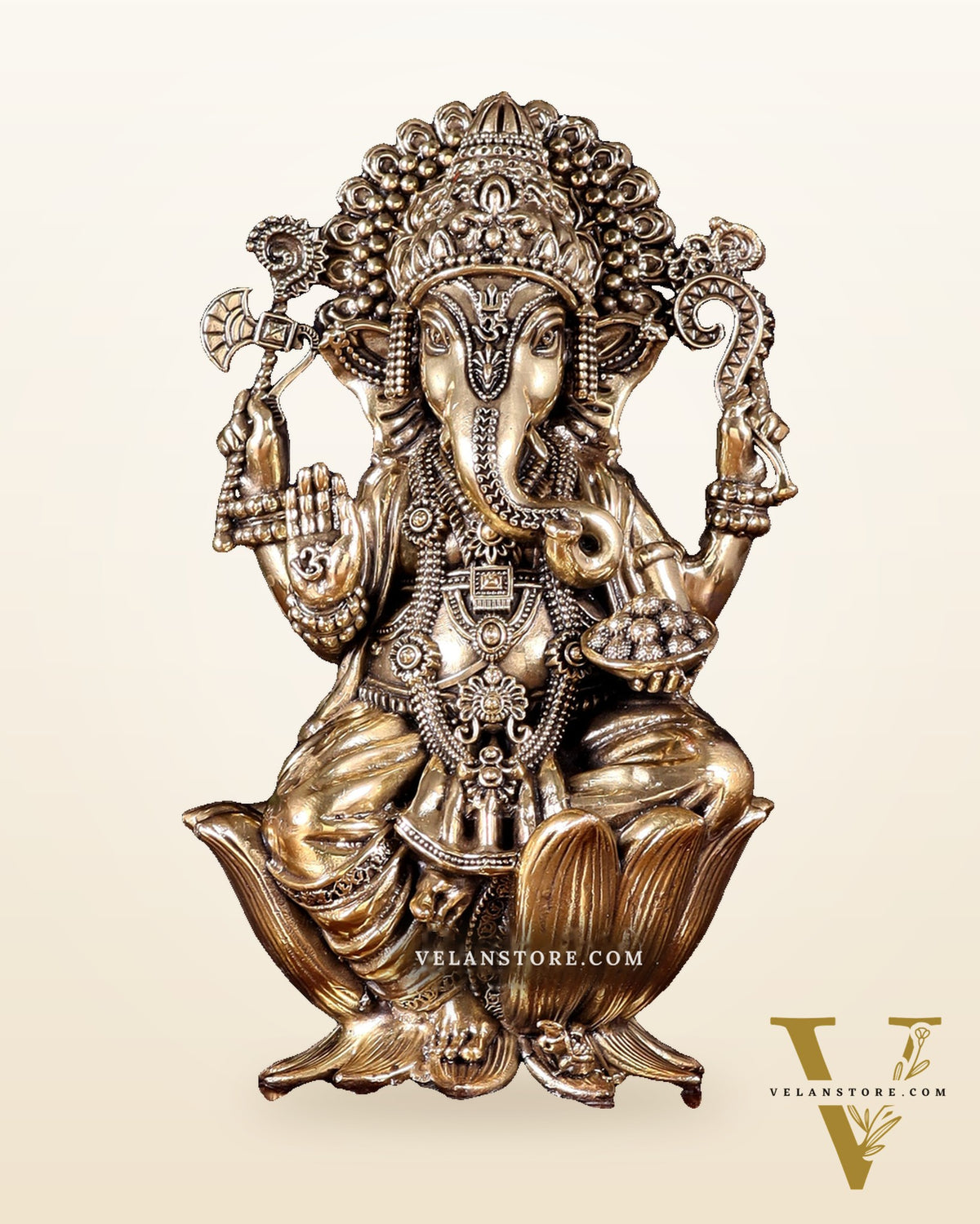 Brass Superfine Lord Ganesha Idol with Twin Peacock Lamps on Wooden Base – 9.5 Inch