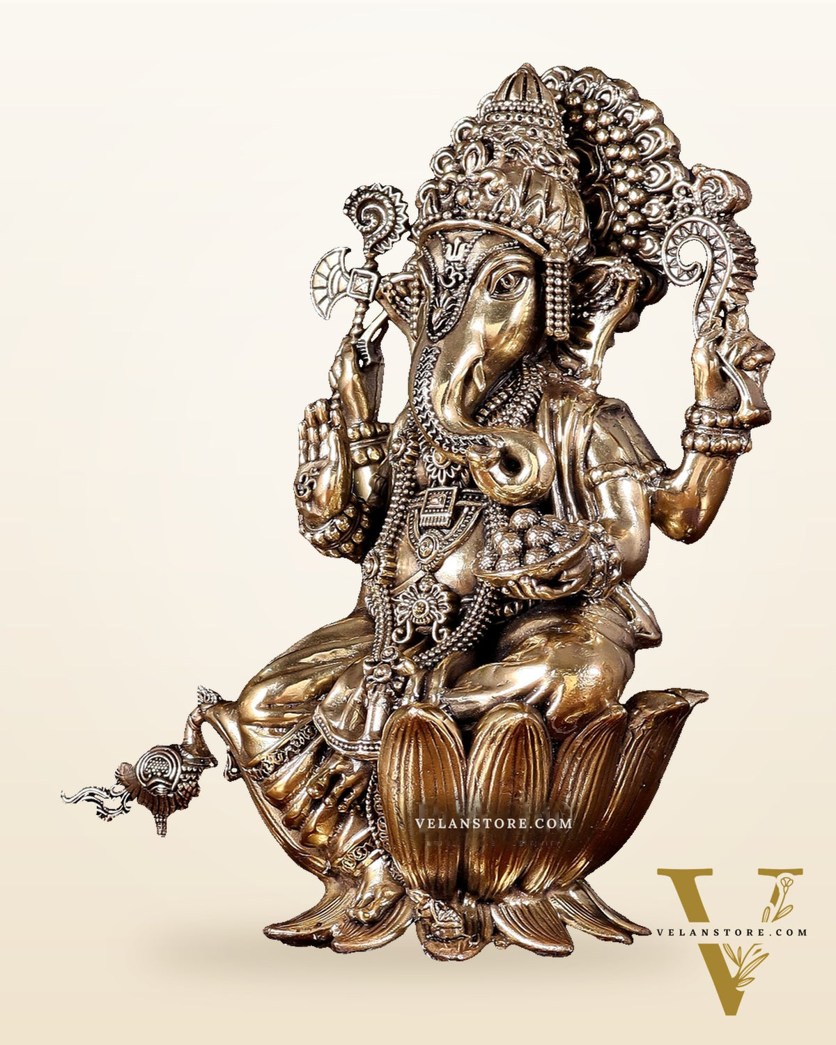 Brass Superfine Lord Ganesha Idol with Twin Peacock Lamps on Wooden Base – 9.5 Inch