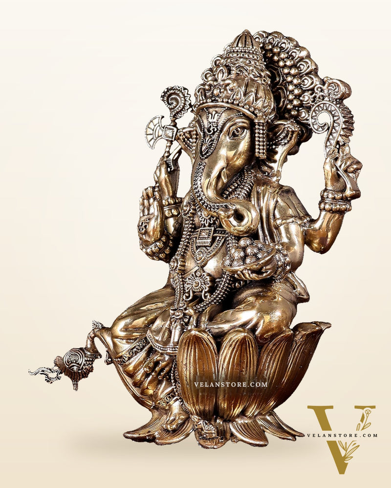 Brass Superfine Lord Ganesha Idol with Twin Peacock Lamps on Wooden Base – 9.5 Inch