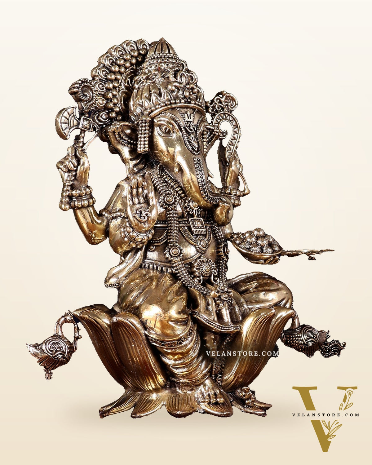 Brass Superfine Lord Ganesha Idol with Twin Peacock Lamps on Wooden Base – 9.5 Inch