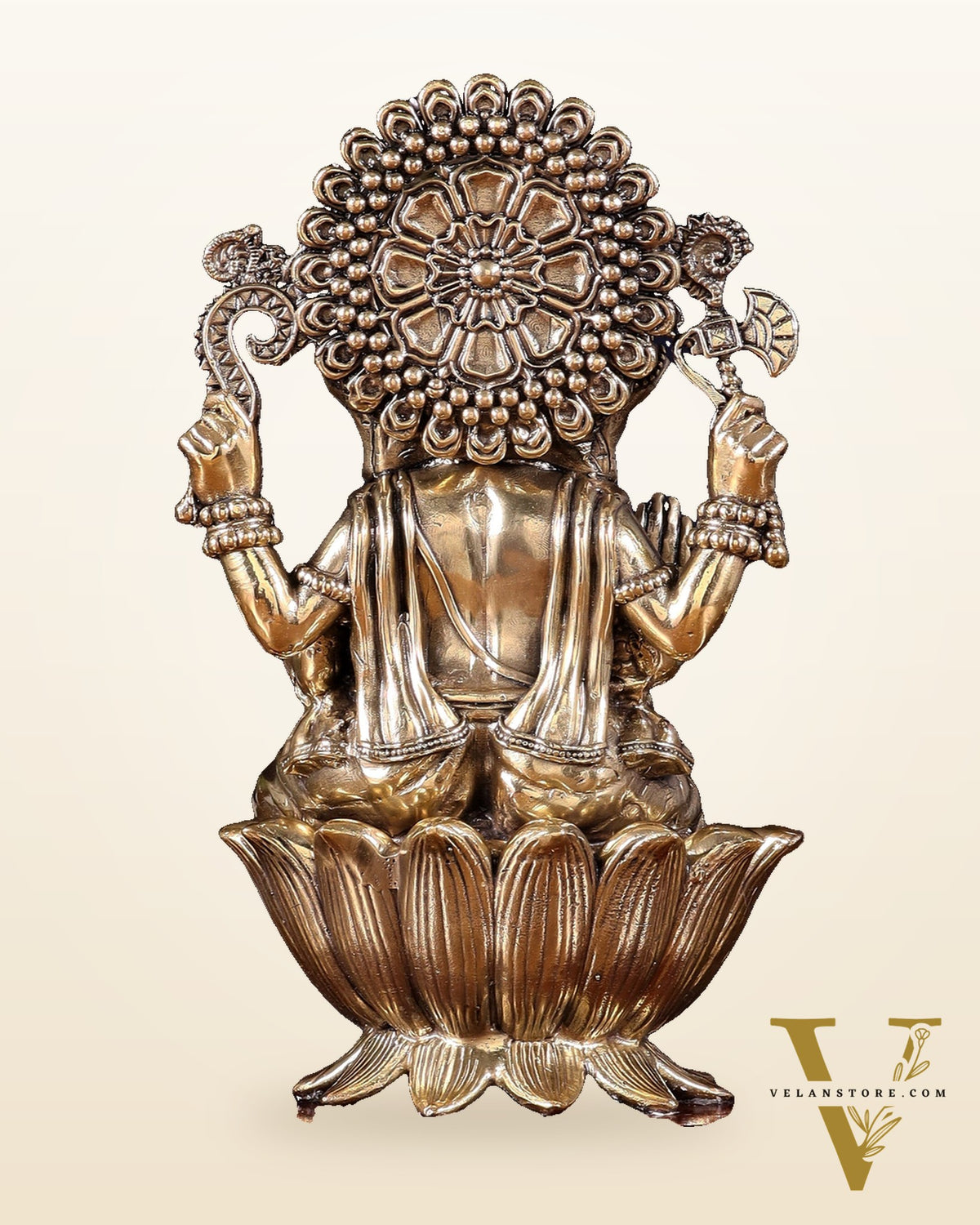 Brass Superfine Lord Ganesha Idol with Twin Peacock Lamps on Wooden Base – 9.5 Inch