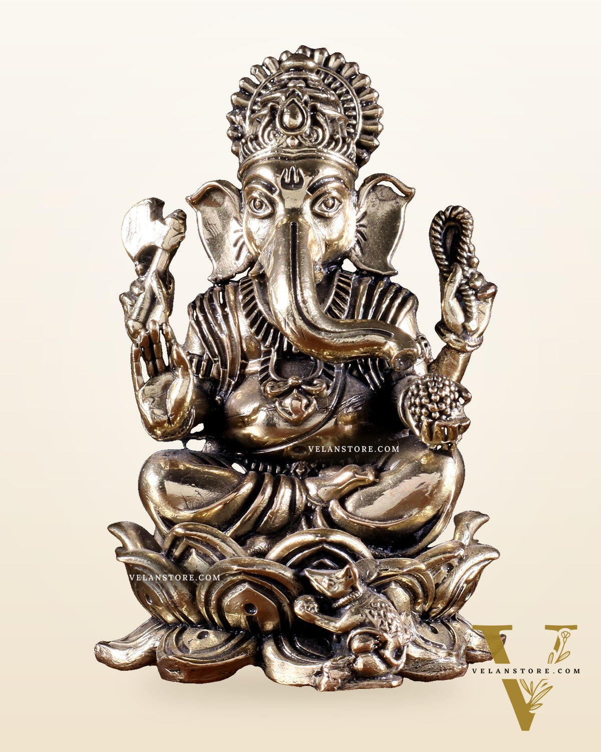 Brass Superfine Lord Ganesha on Lotus Idol 4 inch
