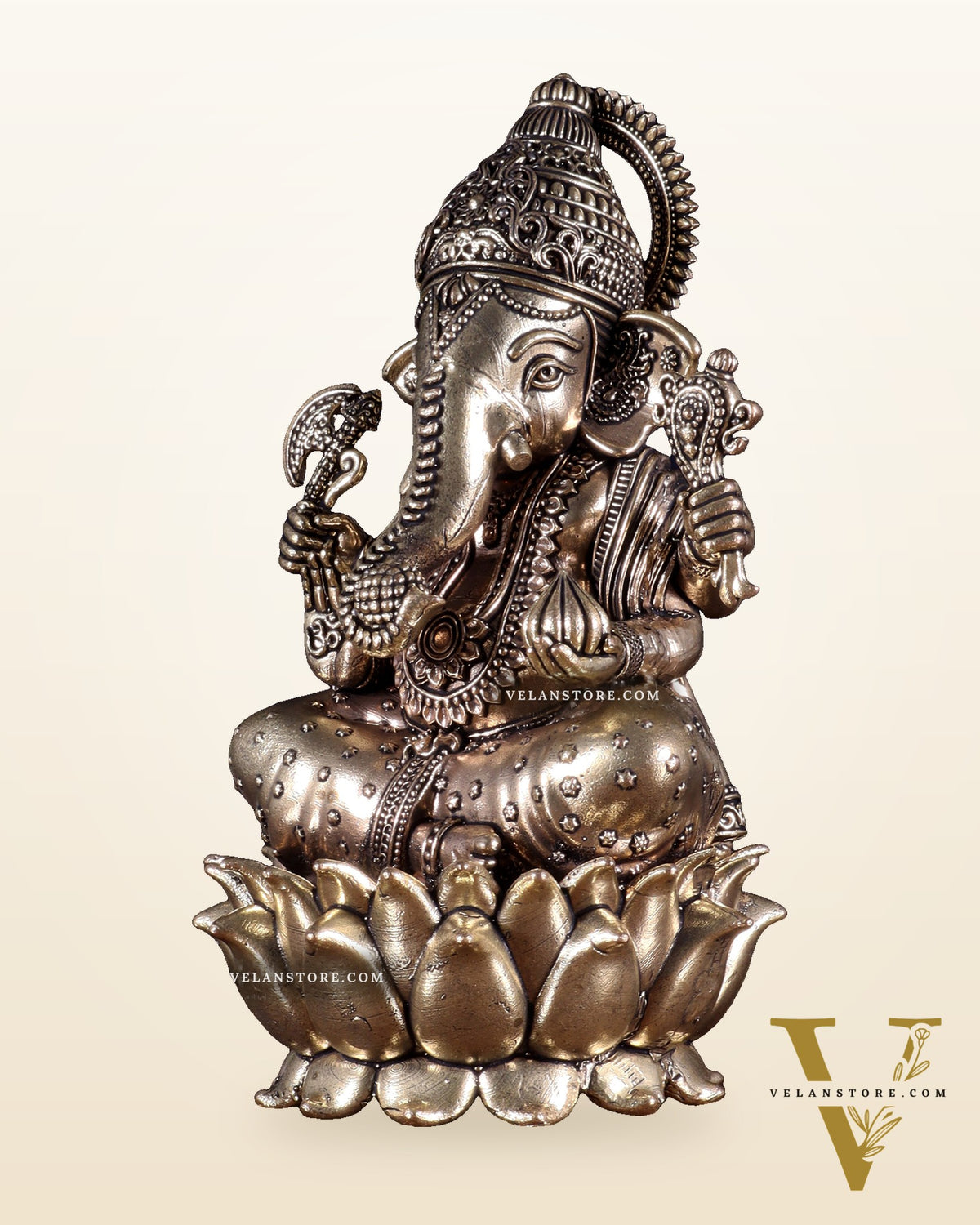 Brass Superfine Lord Ganesha on Lotus Idol 8 inch
