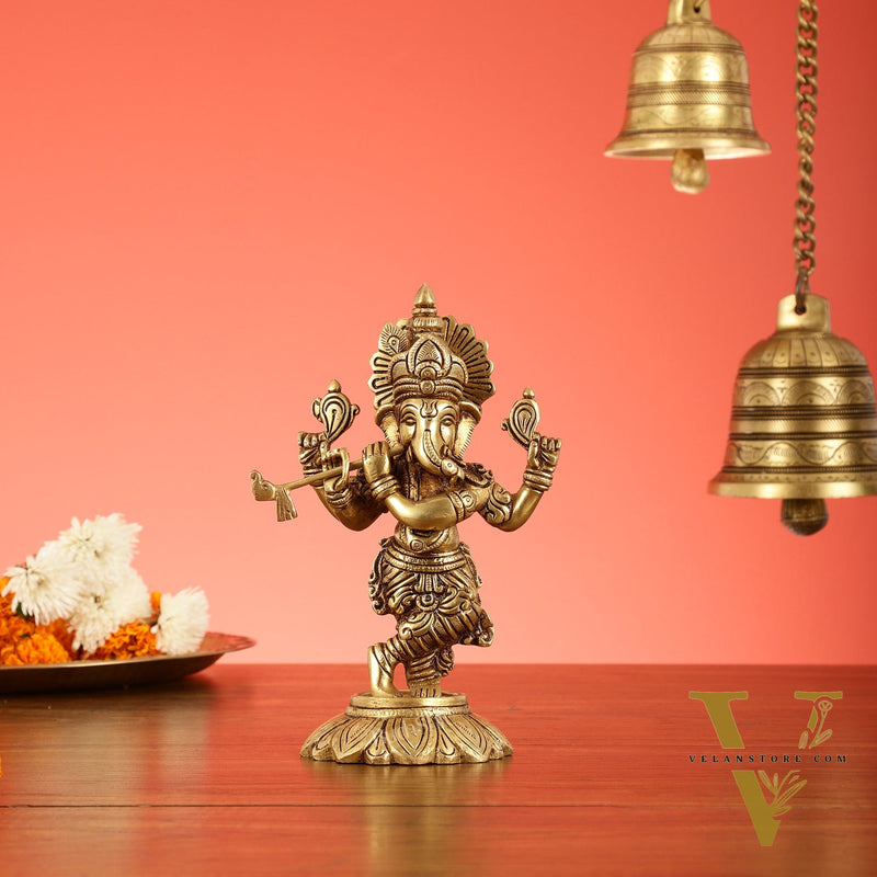 Brass Superfine Lord Ganesha Playing Flute Idol - 7 Inch