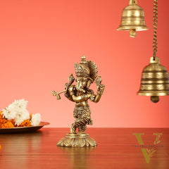 Brass Superfine Lord Ganesha Playing Flute Idol - 7 Inch