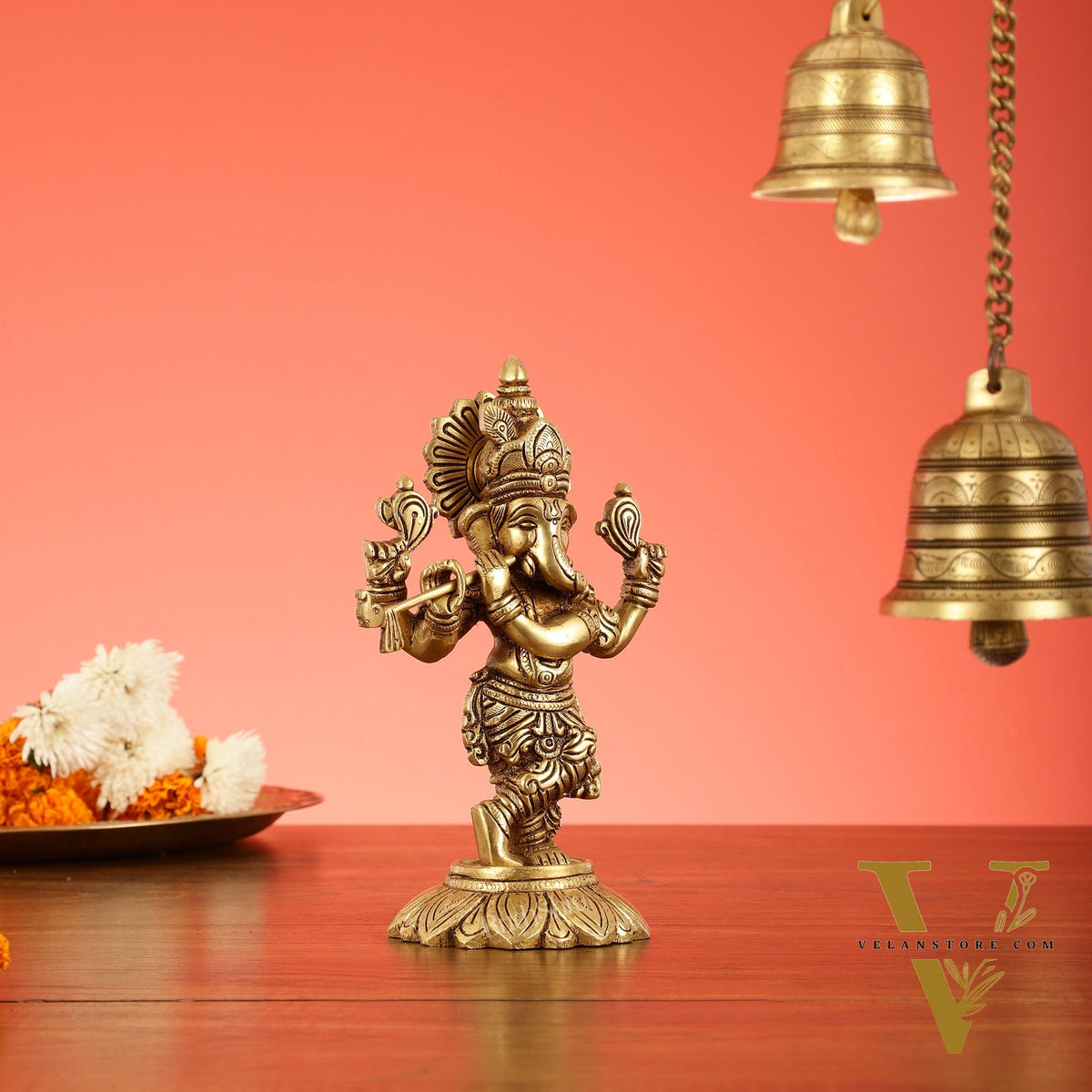 Brass Superfine Lord Ganesha Playing Flute Idol - 7 Inch