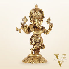 Brass Superfine Lord Ganesha Playing Flute Idol - 7 Inch