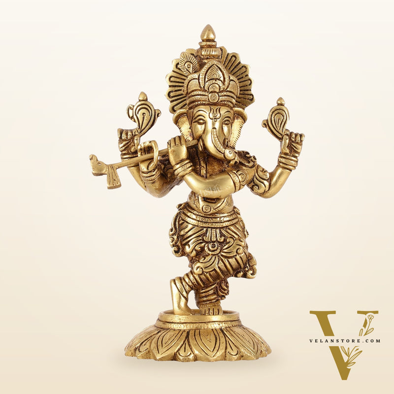 Brass Superfine Lord Ganesha Playing Flute Idol - 7 Inch