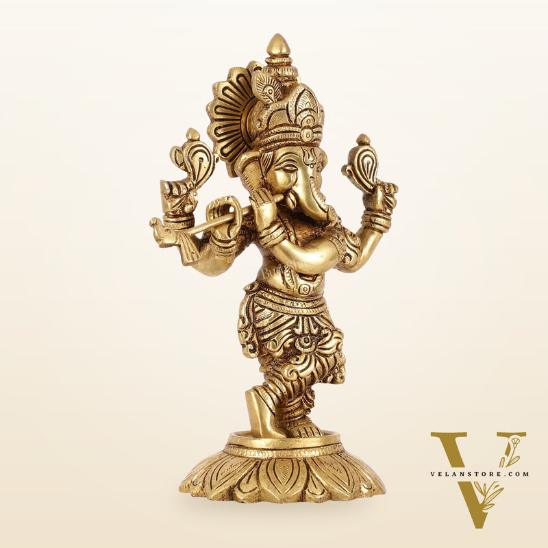 Brass Superfine Lord Ganesha Playing Flute Idol - 7 Inch