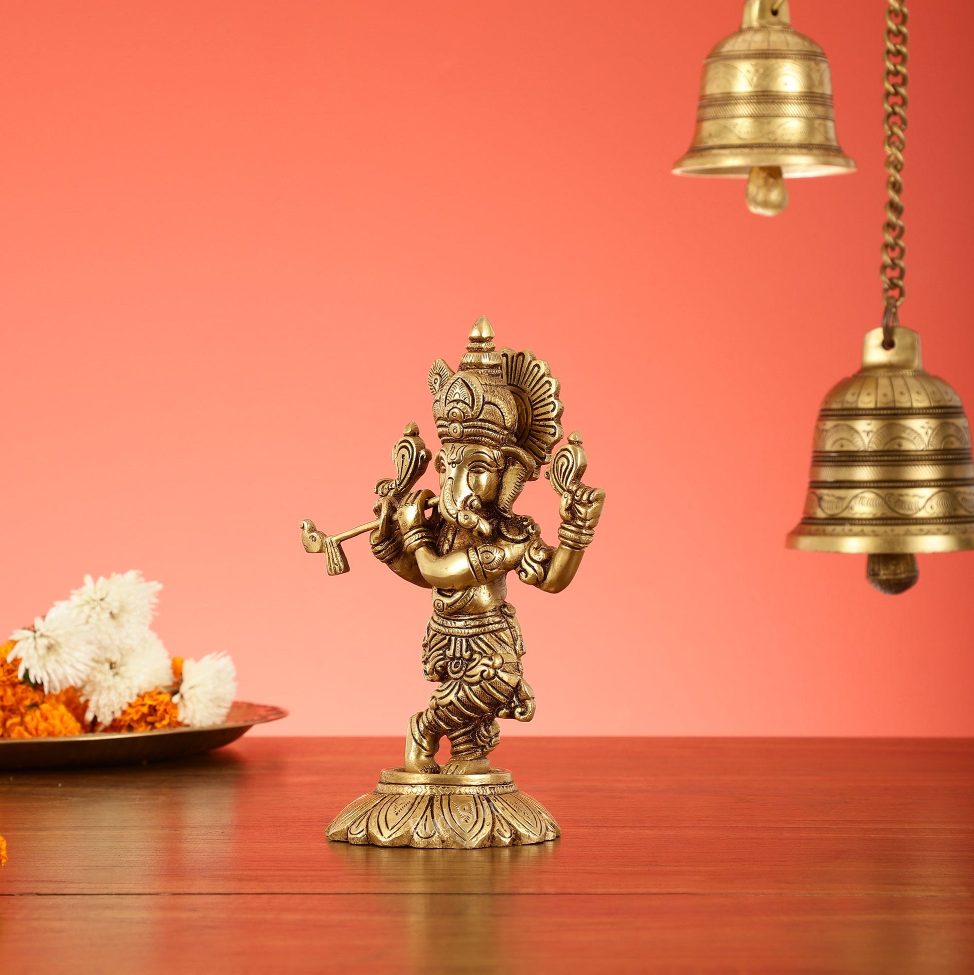 Brass Superfine Lord Ganesha Playing Flute Idol - 7 Inch