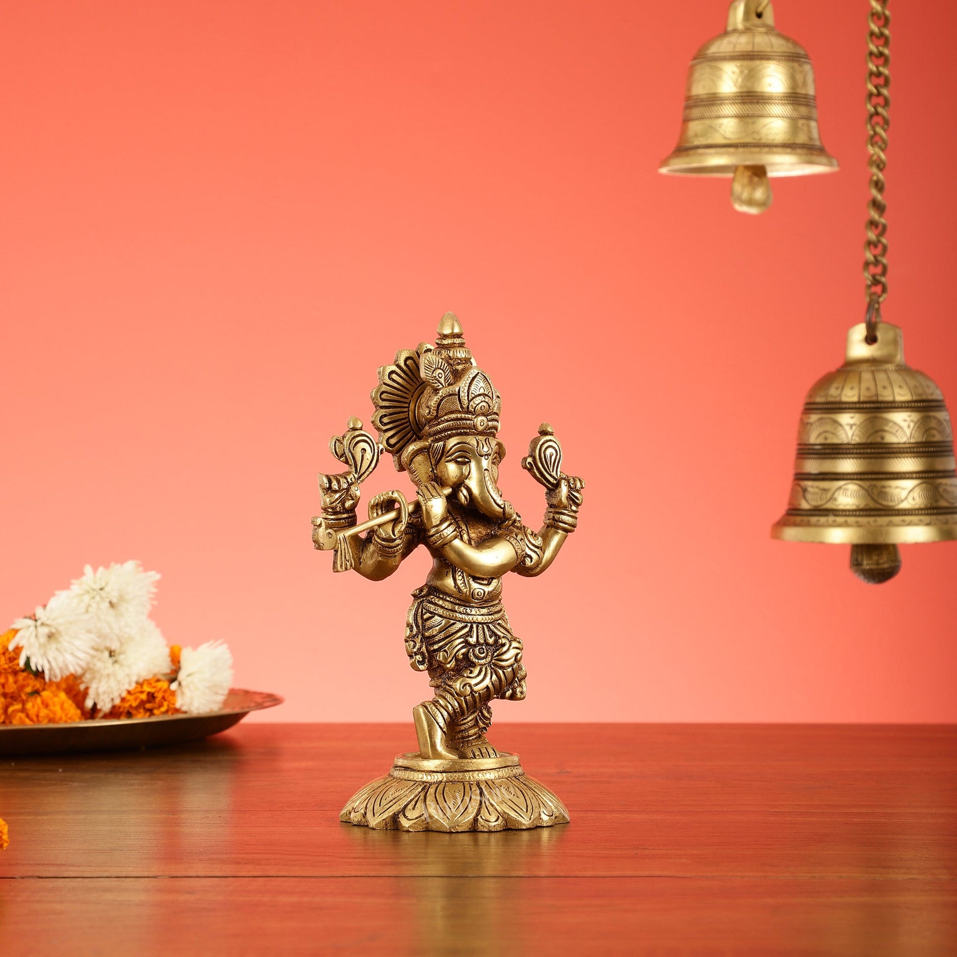 Brass Superfine Lord Ganesha Playing Flute Idol - 7 Inch