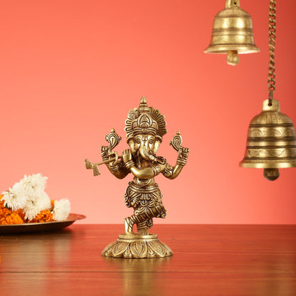 Brass Superfine Lord Ganesha Playing Flute Idol - 7 Inch