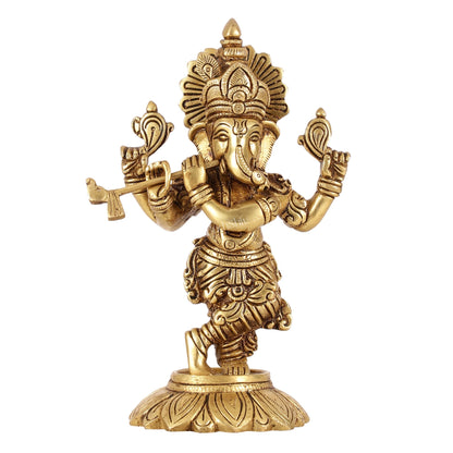 Brass Superfine Lord Ganesha Playing Flute Idol - 7 Inch