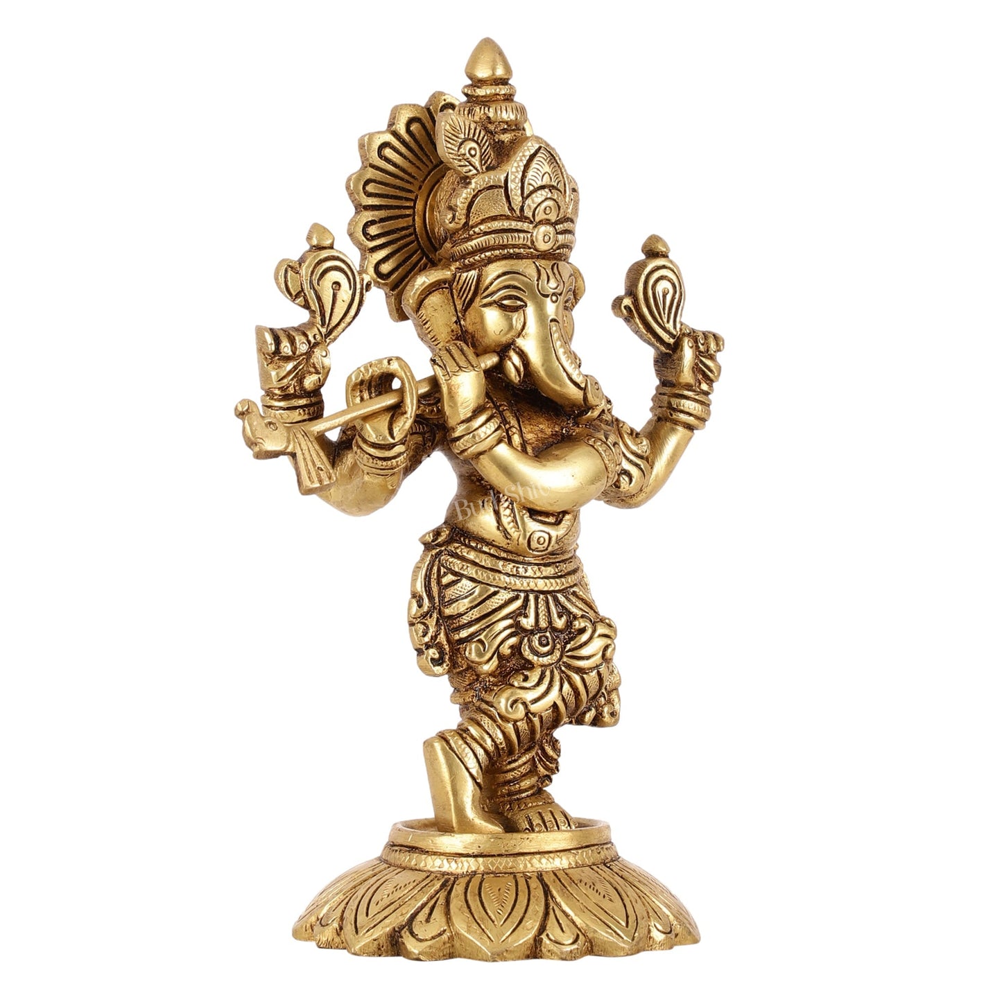 Brass Superfine Lord Ganesha Playing Flute Idol - 7 Inch