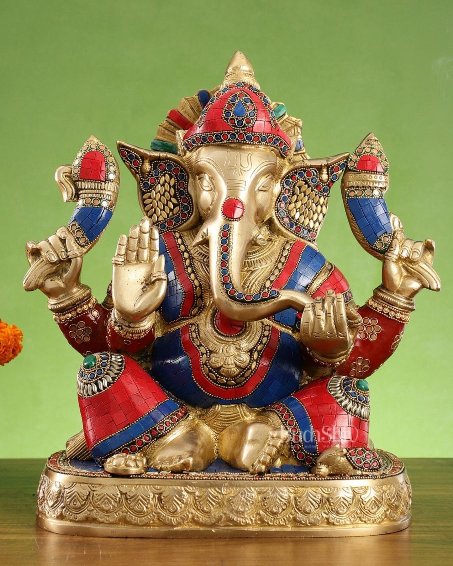 Brass Lord Ganesha Statue 15 inch with stonework