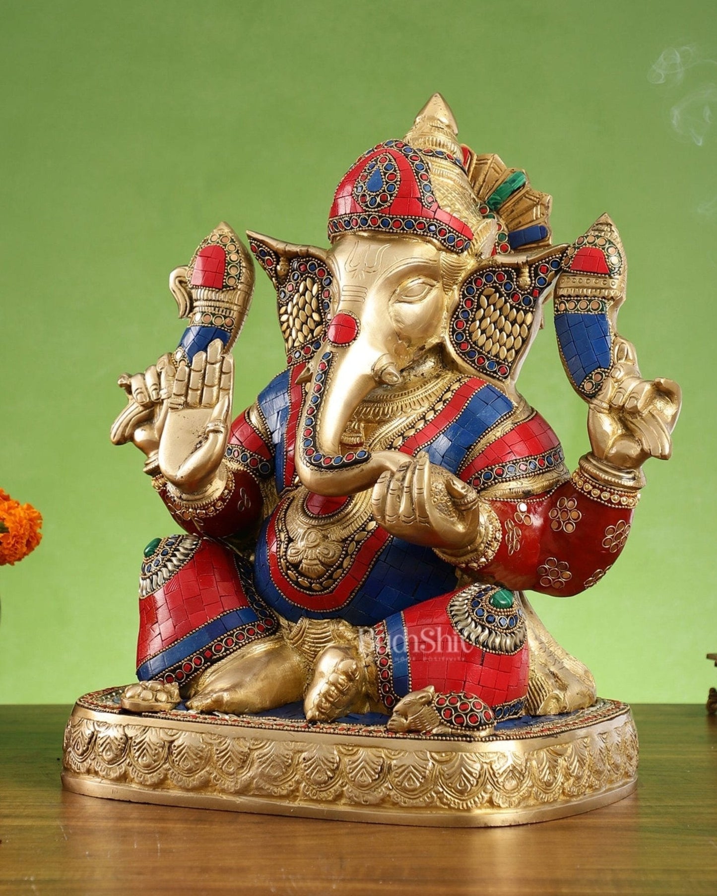 Brass Lord Ganesha Statue 15 inch with stonework