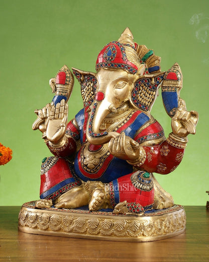 Brass Lord Ganesha Statue 15 inch with stonework