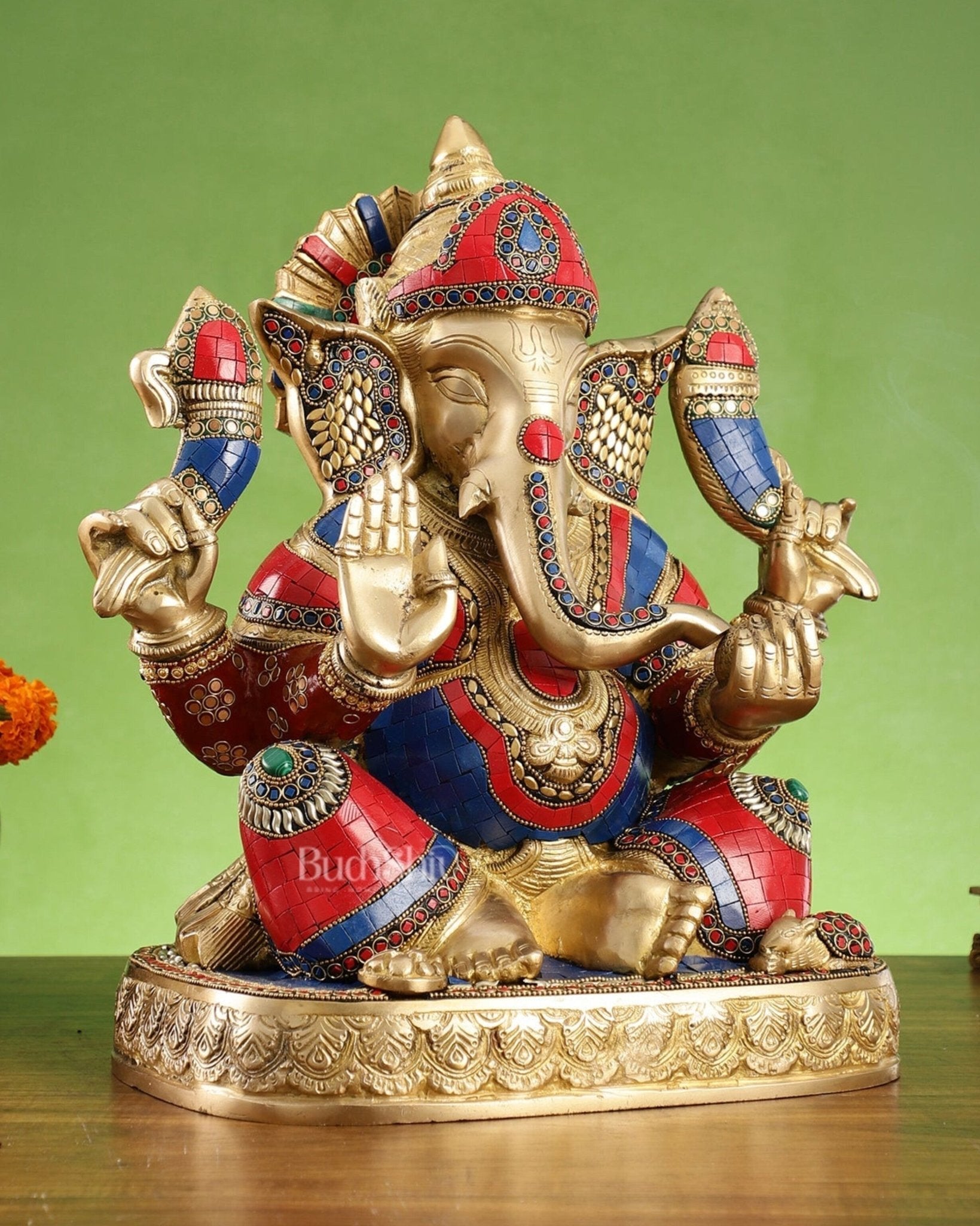 Brass Lord Ganesha Statue 15 inch with stonework