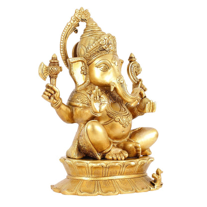 Brass Superfine Lord Ganesha Statue on Lotus Base - 15 Inch
