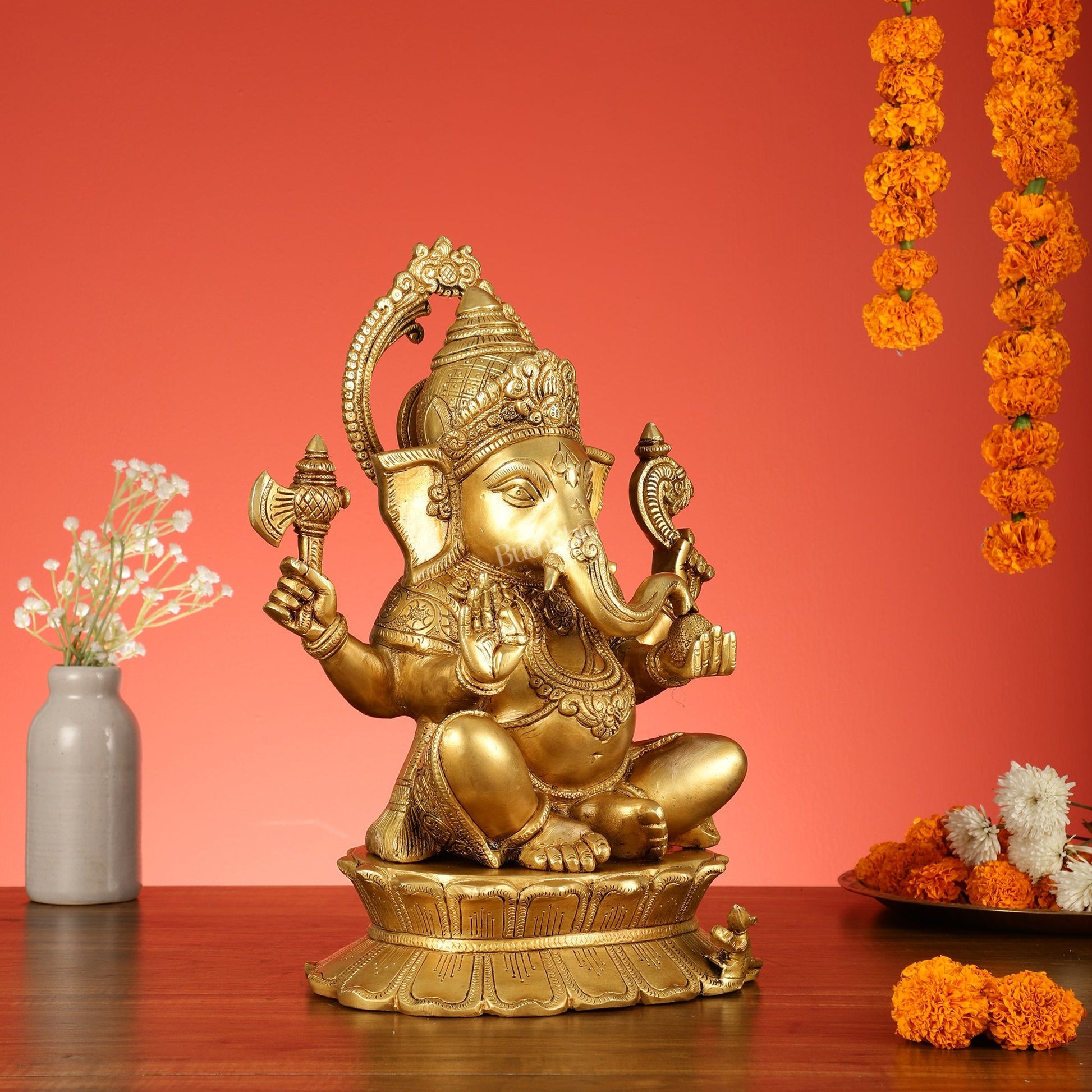 Brass Superfine Lord Ganesha Statue on Lotus Base - 15 Inch
