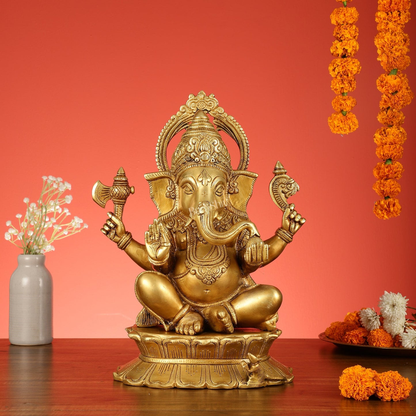 Brass Superfine Lord Ganesha Statue on Lotus Base - 15 Inch