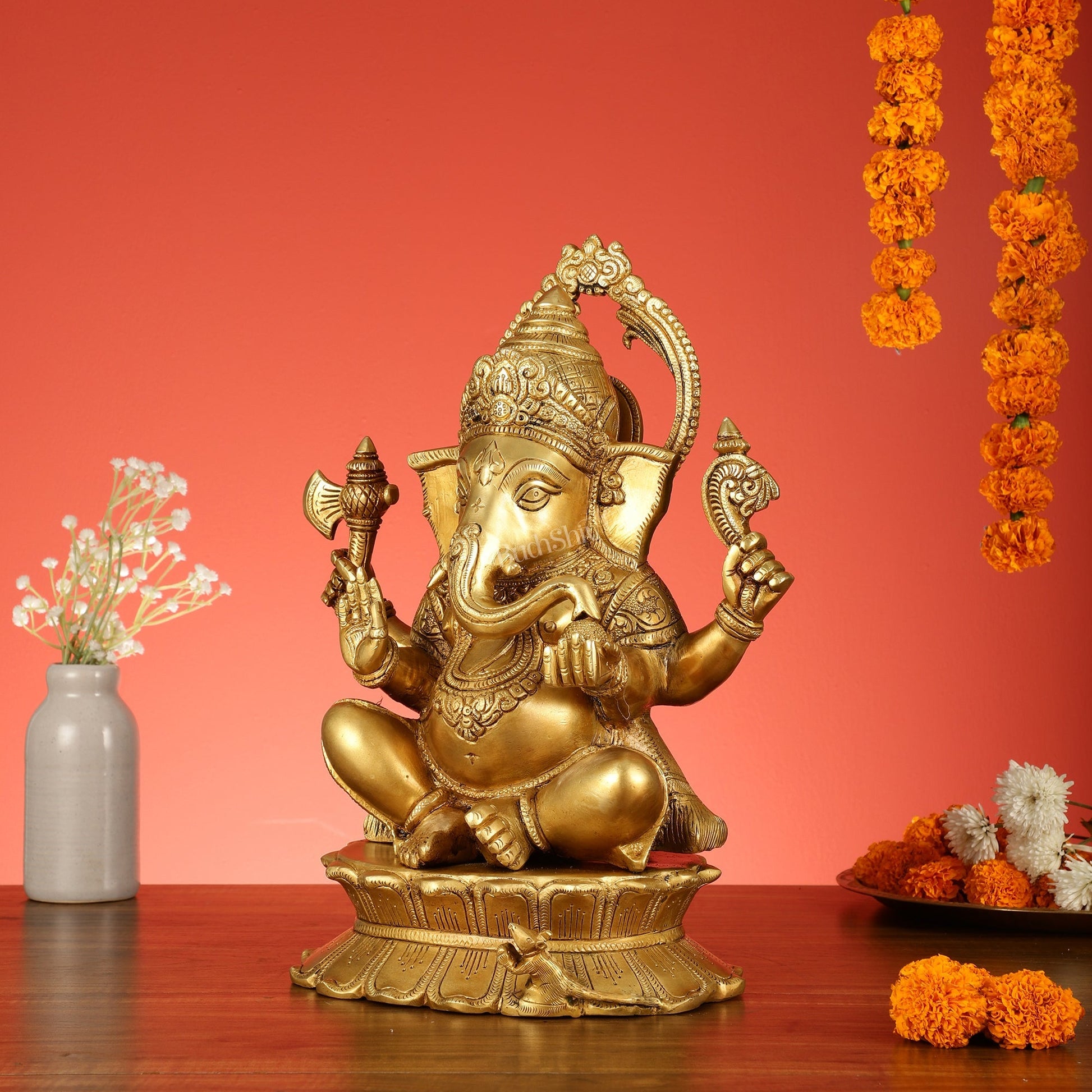 Brass Superfine Lord Ganesha Statue on Lotus Base - 15 Inch