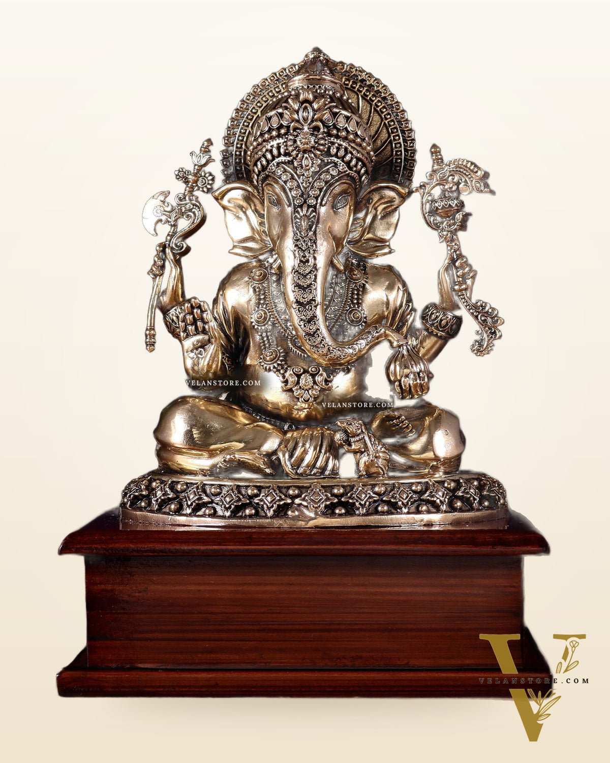Brass Superfine Lord Ganesha Statue on Wooden Base – 8.5 Inch