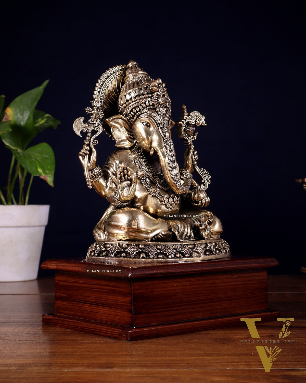 Brass Superfine Lord Ganesha Statue on Wooden Base – 8.5 Inch
