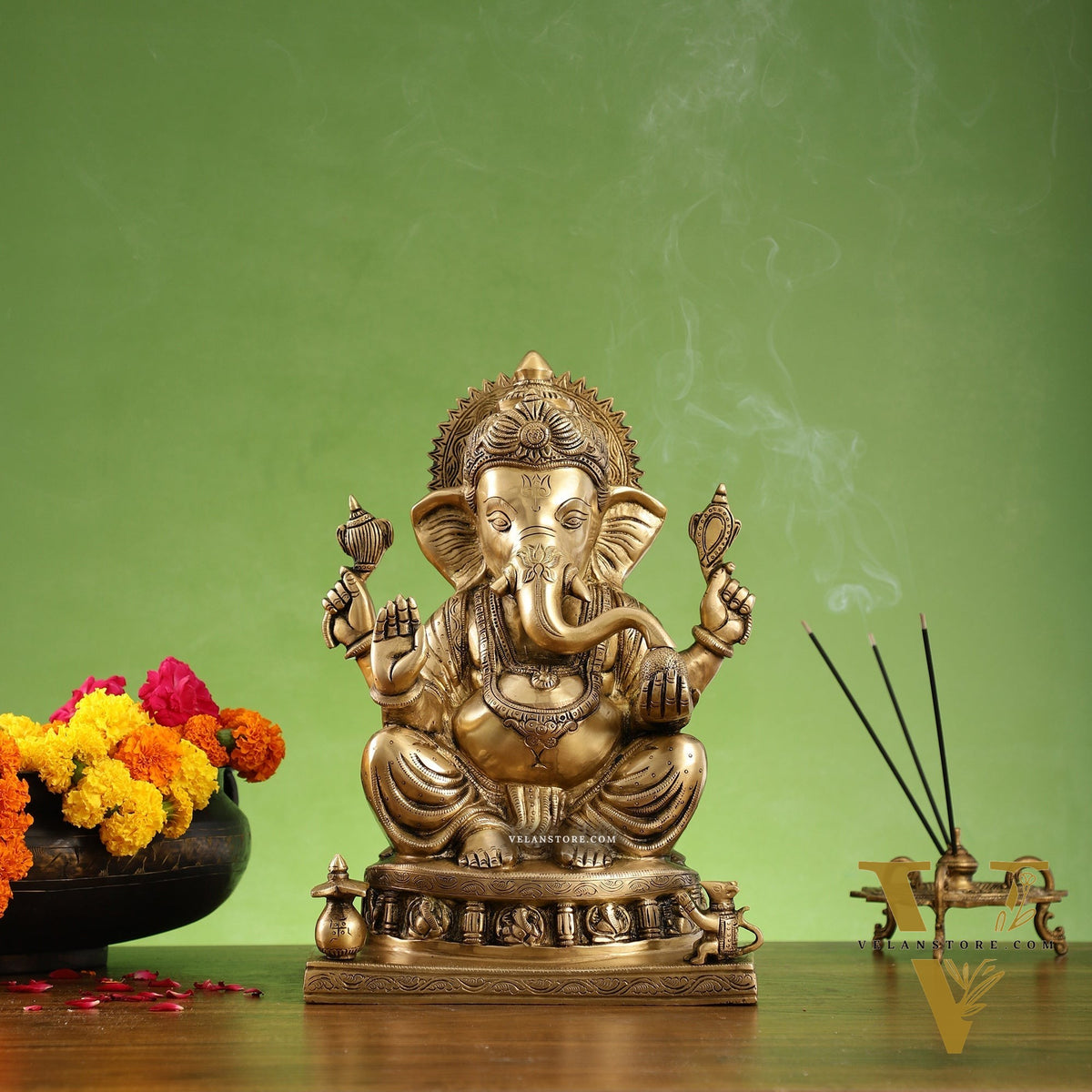 Brass Superfine Lord Ganesha Statue with Ashtavinayak Engraving - 13 inch