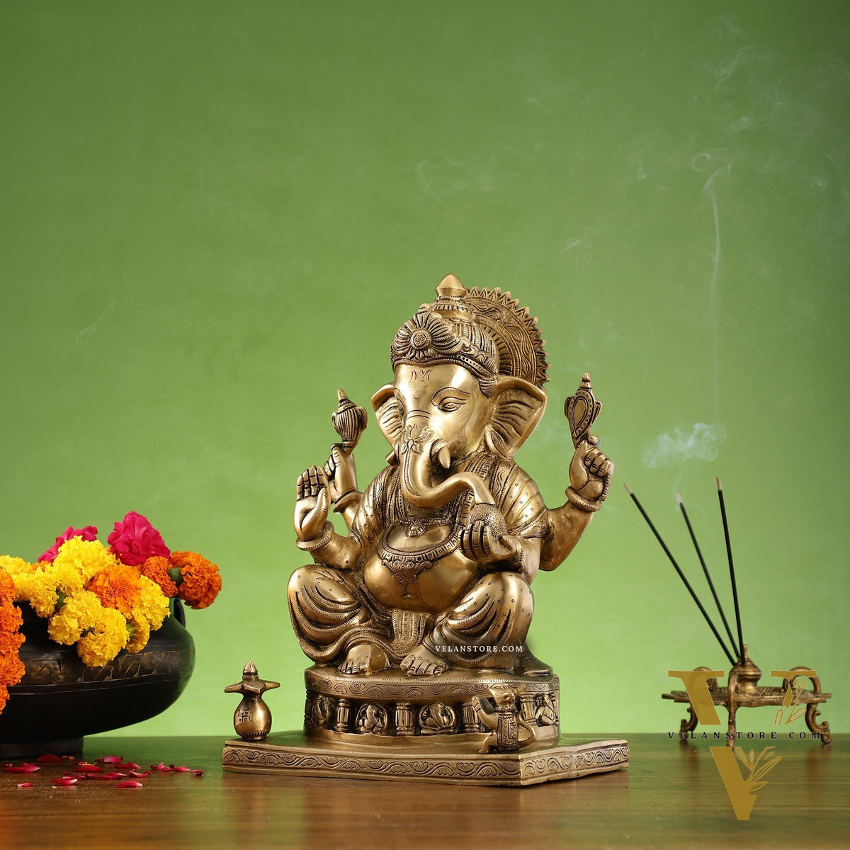 Brass Superfine Lord Ganesha Statue with Ashtavinayak Engraving - 13 inch