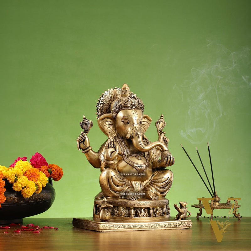 Brass Superfine Lord Ganesha Statue with Ashtavinayak Engraving - 13 inch