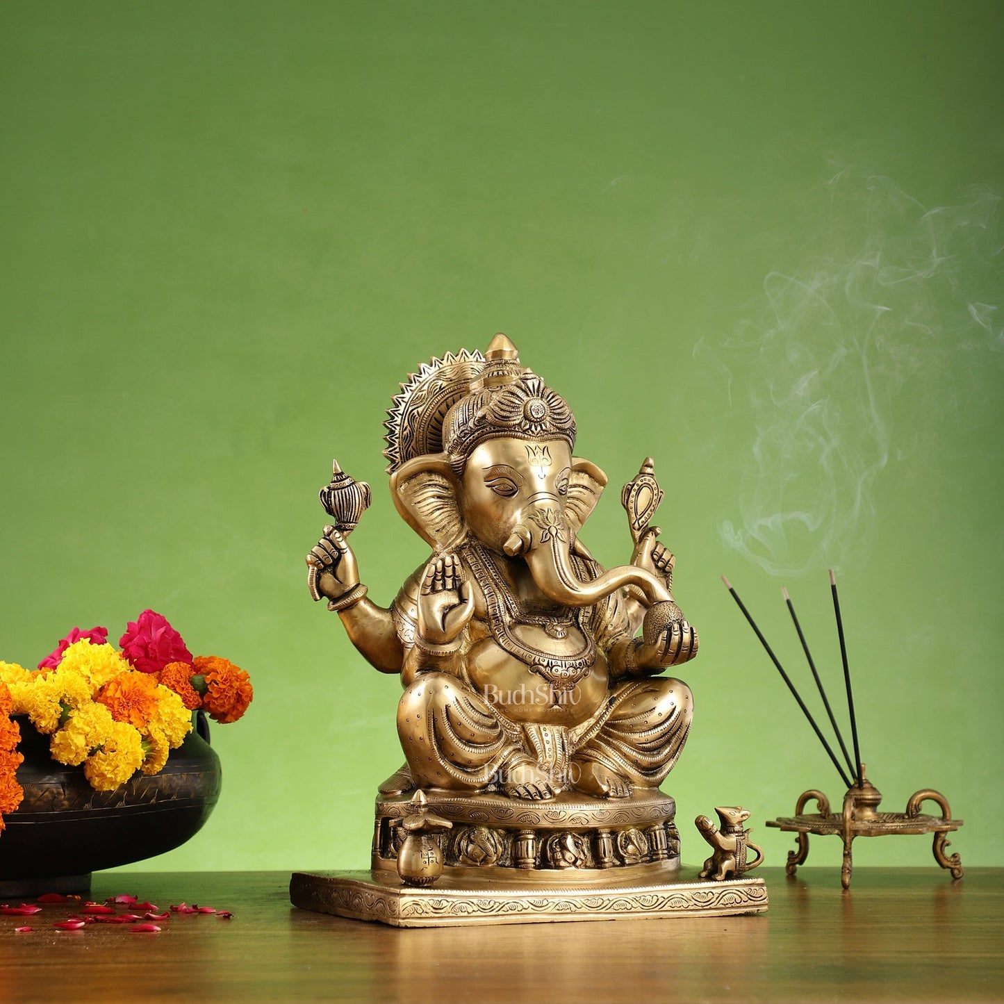 Brass Superfine Lord Ganesha Statue with Ashtavinayak Engraving - 13 inch