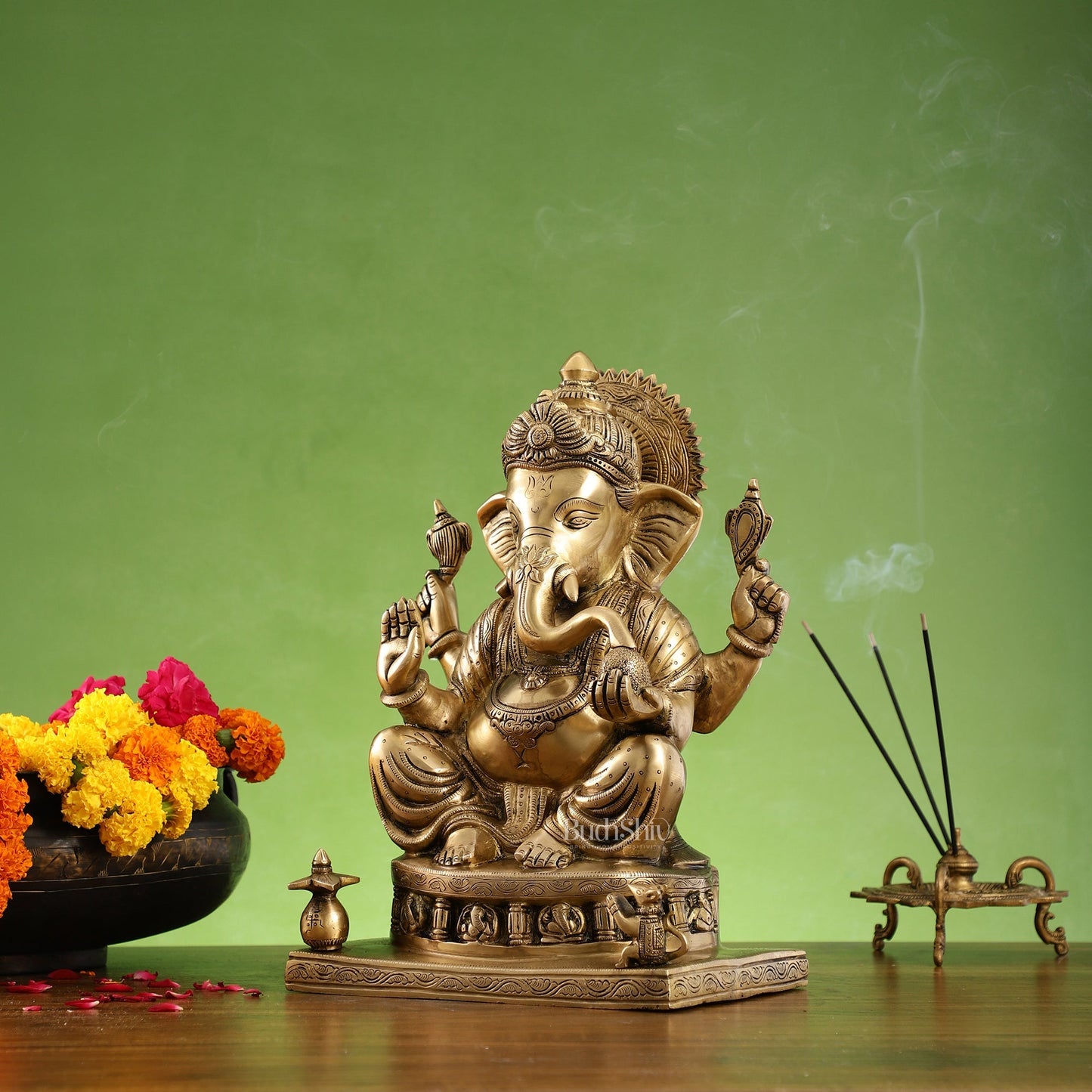 Brass Superfine Lord Ganesha Statue with Ashtavinayak Engraving - 13 inch