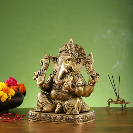 Brass Superfine Lord Ganesha Statue with Attached Pedestal - 15 inch
