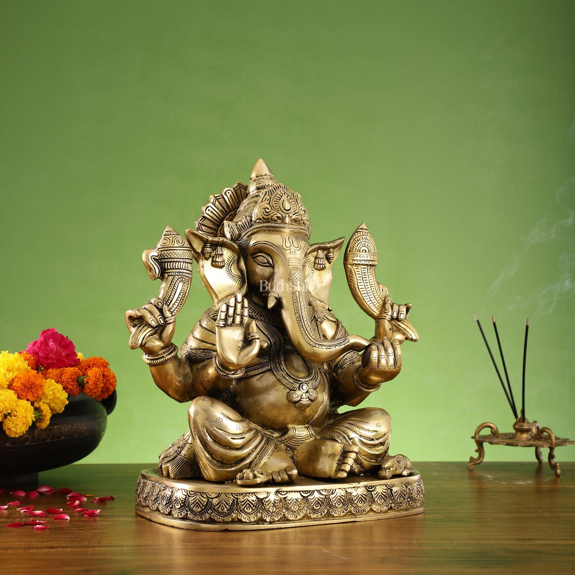 Brass Superfine Lord Ganesha Statue with Attached Pedestal - 15 inch