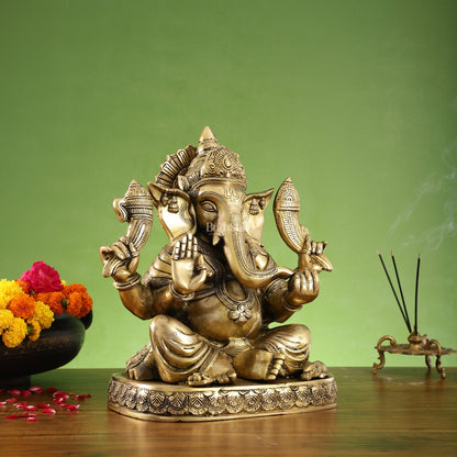 Brass Superfine Lord Ganesha Statue with Attached Pedestal - 15 inch