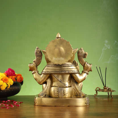 Brass Superfine Lord Ganesha Statue with Attached Pedestal - 15 inch