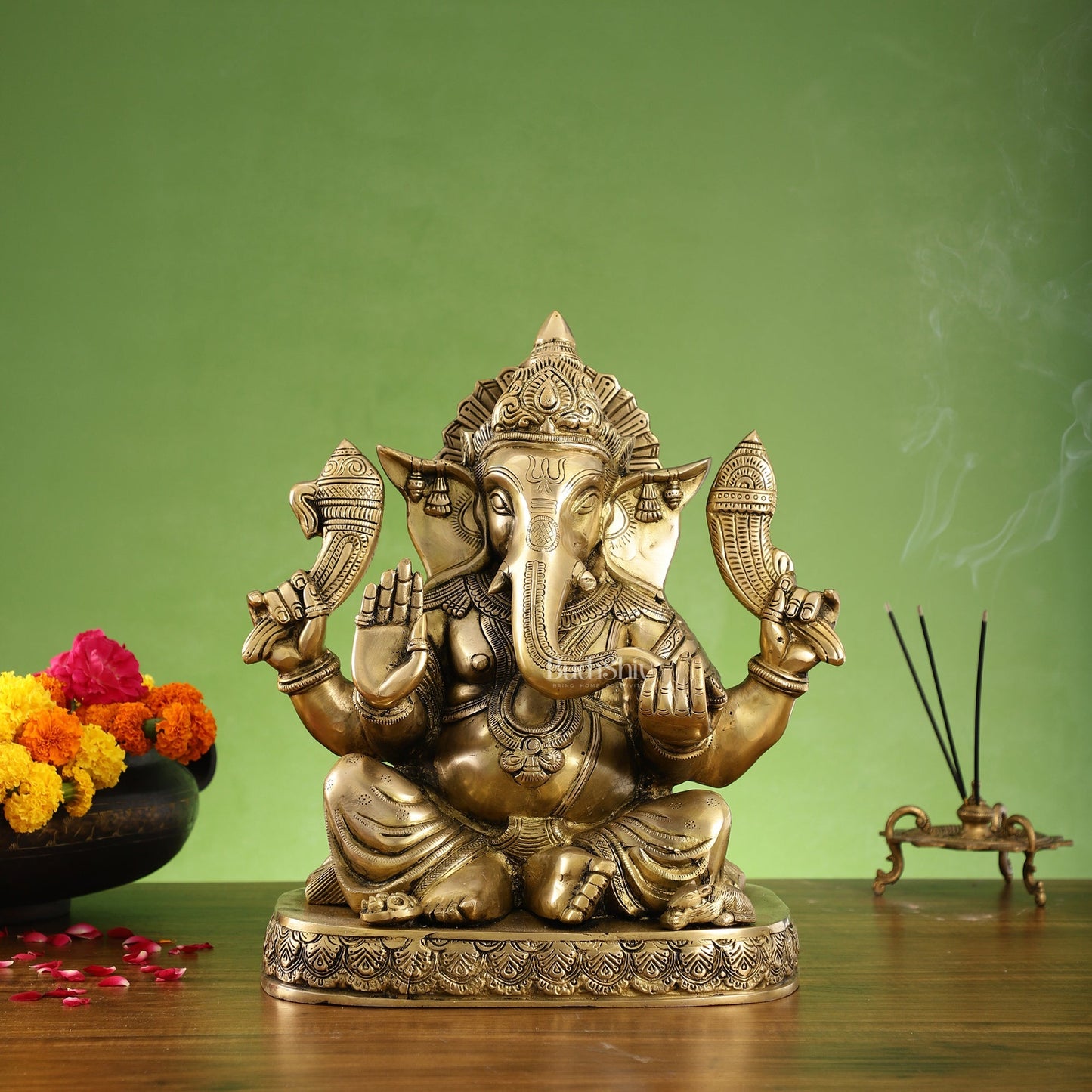 Brass Superfine Lord Ganesha Statue with Attached Pedestal - 15 inch