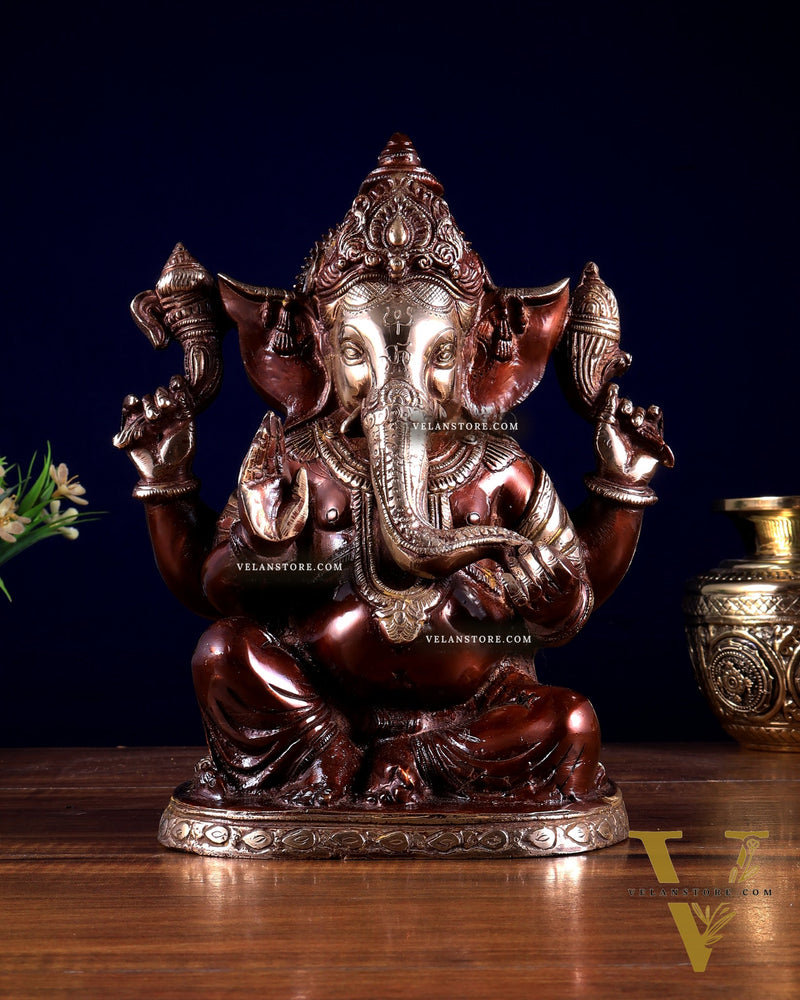 Brass Superfine Lord Ganesha Statue with Dual Tone Finish 9 inch