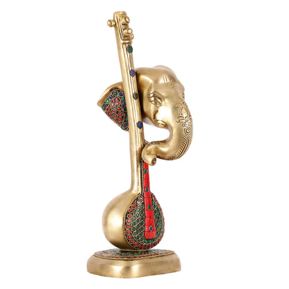 Brass Superfine Lord Ganesha with Sitar/Veena Table Accent Showpiece - 12 Inch