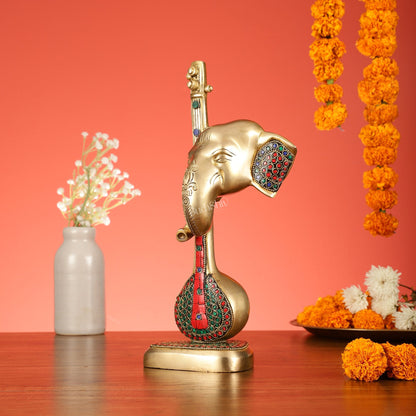 Brass Superfine Lord Ganesha with Sitar/Veena Table Accent Showpiece - 12 Inch
