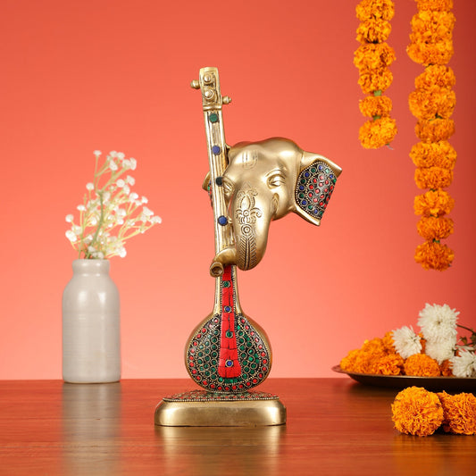 Brass Superfine Lord Ganesha with Sitar/Veena Table Accent Showpiece - 12 Inch