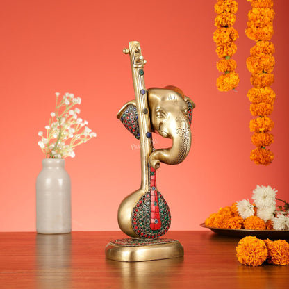 Brass Superfine Lord Ganesha with Sitar/Veena Table Accent Showpiece - 12 Inch