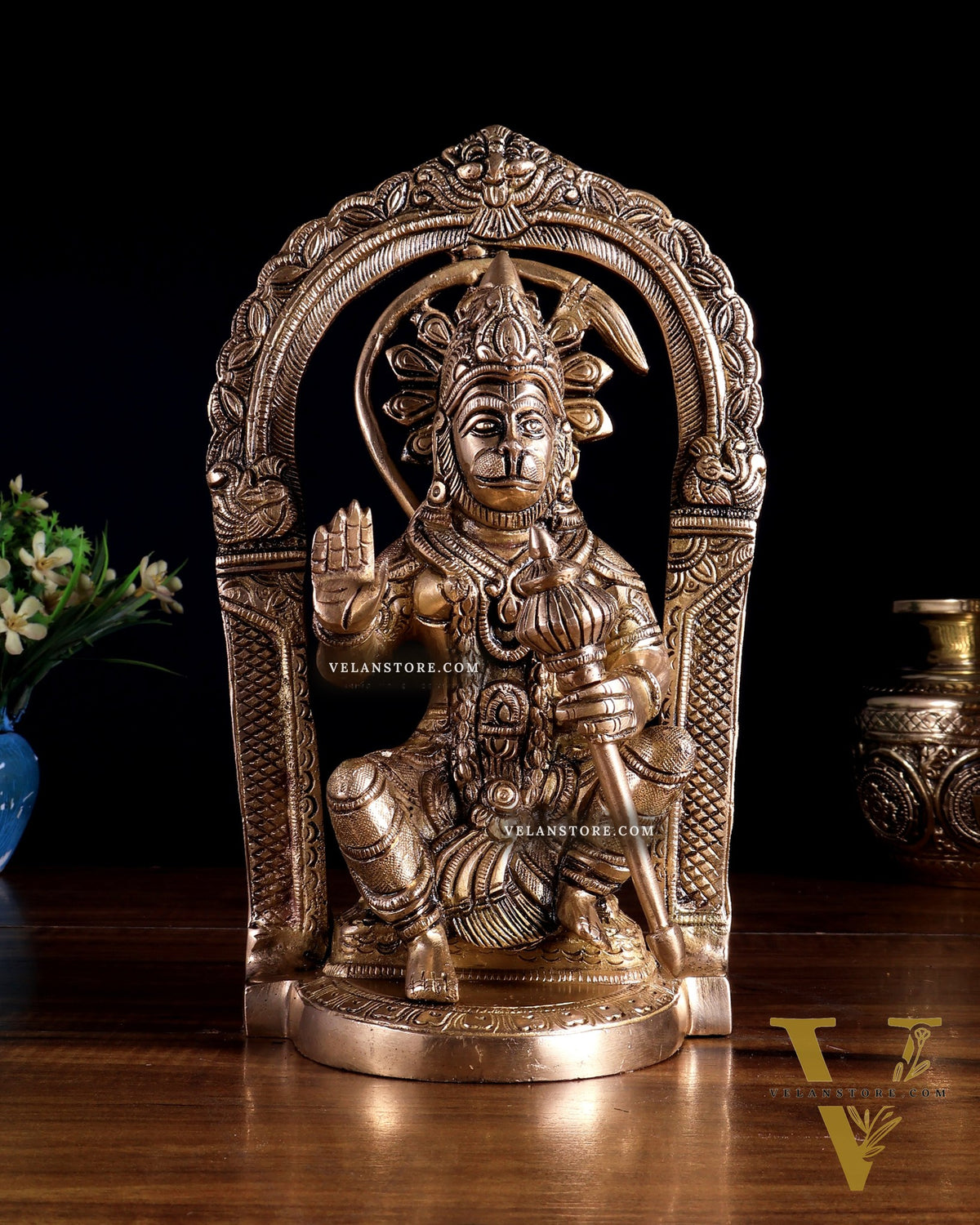 Brass Superfine Lord Hanuman Statue with Prabhavali & Adjustable Gada 8 inch