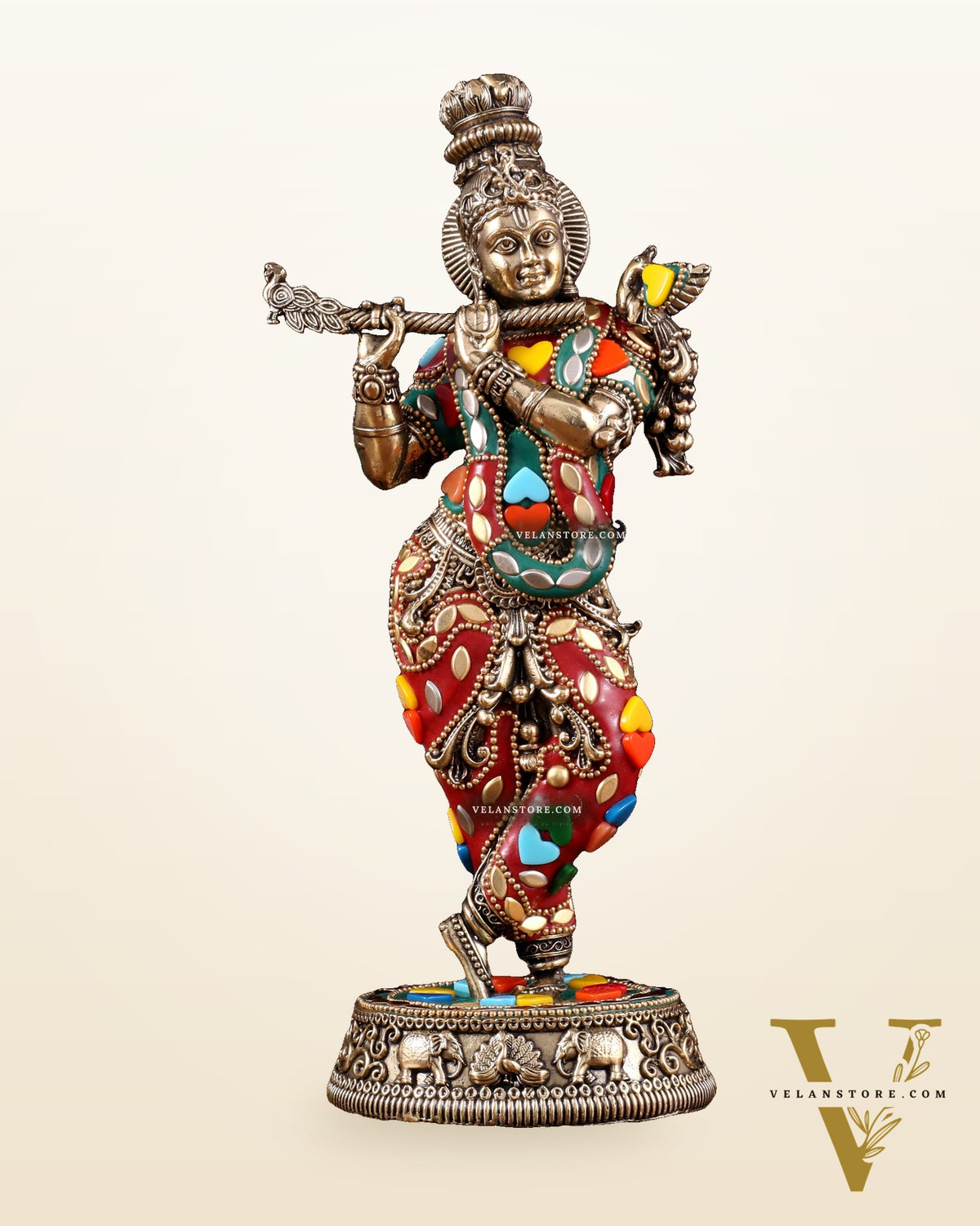 Brass Superfine Lord Krishna Idol with Meenakari Stonework – 9.5 Inch