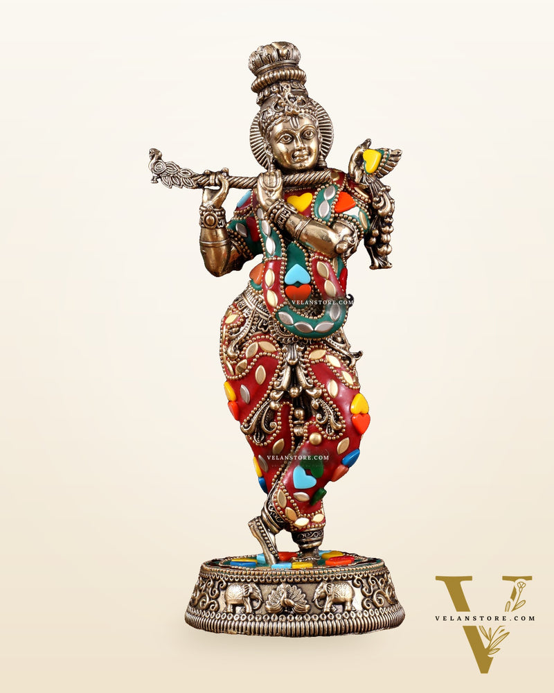 Brass Superfine Lord Krishna Idol with Meenakari Stonework – 9.5 Inch
