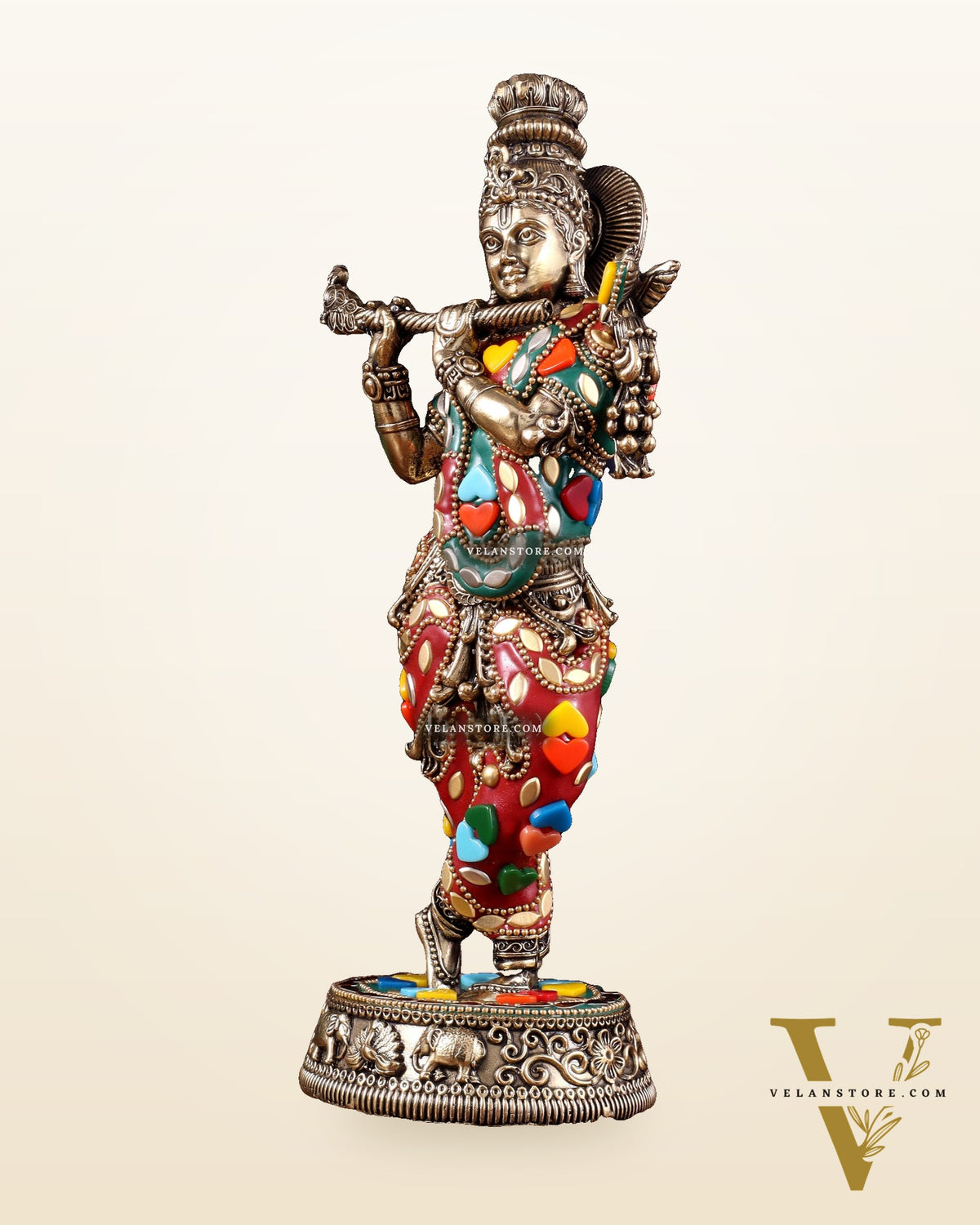 Brass Superfine Lord Krishna Idol with Meenakari Stonework – 9.5 Inch