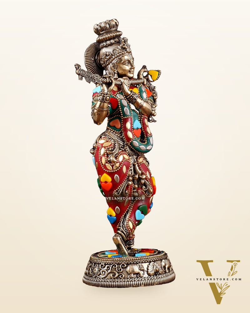 Brass Superfine Lord Krishna Idol with Meenakari Stonework – 9.5 Inch
