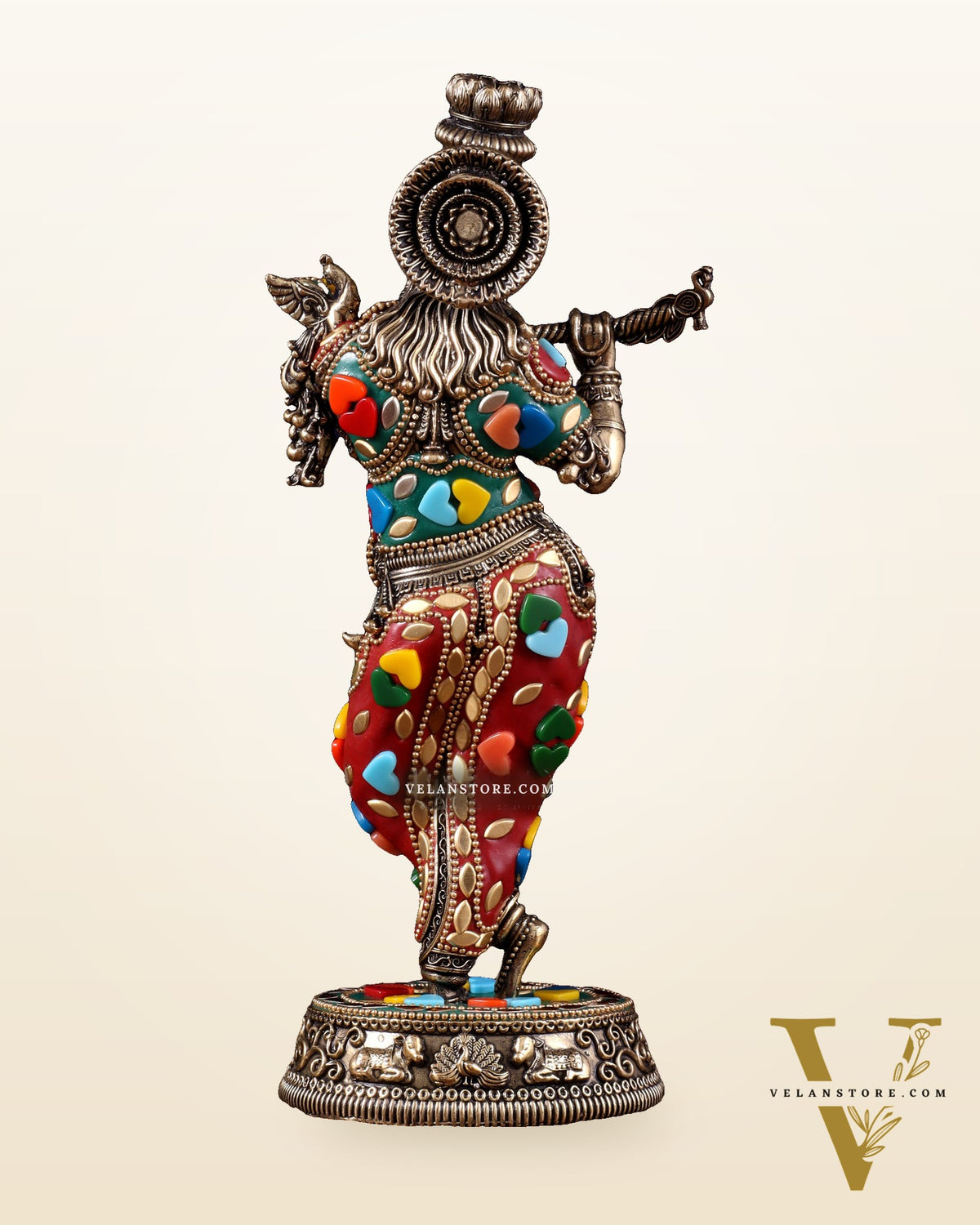 Brass Superfine Lord Krishna Idol with Meenakari Stonework – 9.5 Inch